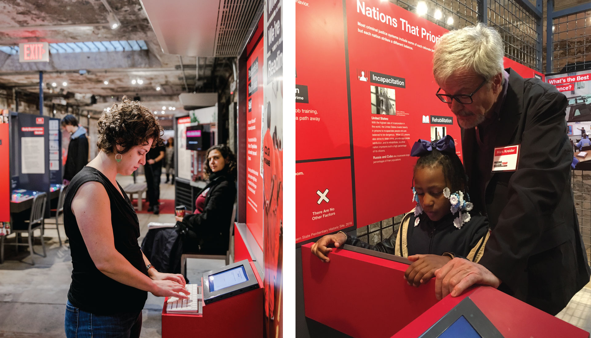 Two images, side by side. On the left, a woman filling out her digital postcard on a touch screen. On the right, a young girl and older man work together to learn about the prison system on a touch screen, out of view. 